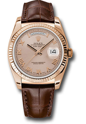 *Pre-Owned* Rolex Everose Gold Day-Date 36 Watch - Fluted Bezel - Pink Roman Dial - Brown Leather
