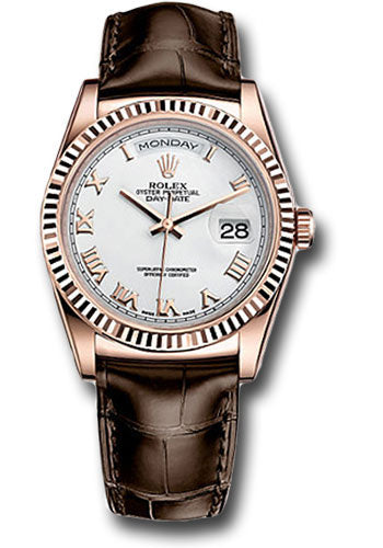 *Pre-Owned* Rolex Everose Gold Day-Date 36 Watch - Fluted Bezel - White Roman Dial - Brown Leather