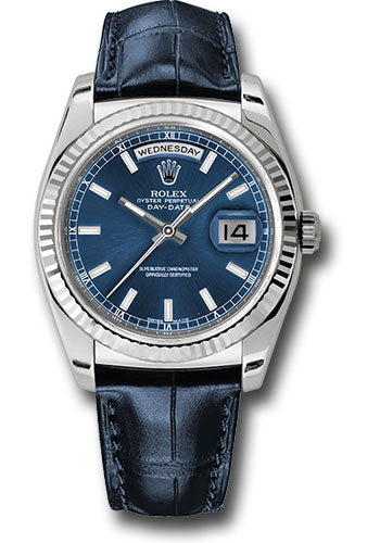 *Pre-Owned* Rolex White Gold Day-Date 36 Watch - Fluted Bezel - Blue Index Dial - Blue Leather