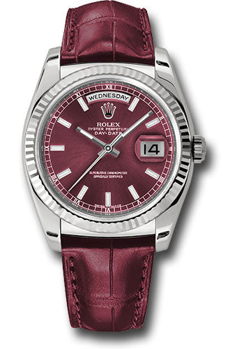 *Pre-Owned* Rolex White Gold Day-Date 36 Watch - Fluted Bezel - Cherry Index Dial - Cherry Leather