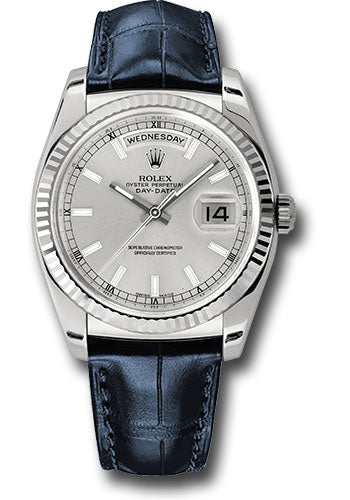 *Pre-Owned* Rolex White Gold Day-Date 36 Watch - Fluted Bezel - Silver Index Dial - Blue Leather