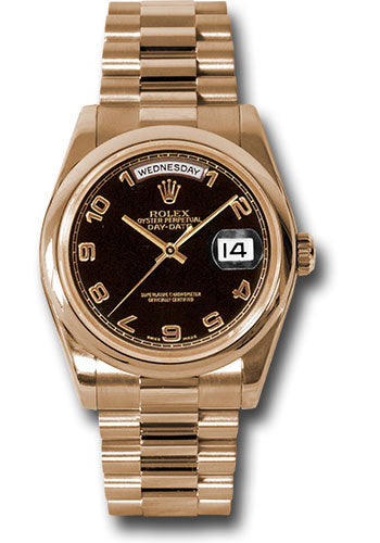 *Pre-Owned* Rolex Pink Gold Day-Date 36 Watch - Domed Bezel - Black Arabic Dial - President Bracelet
