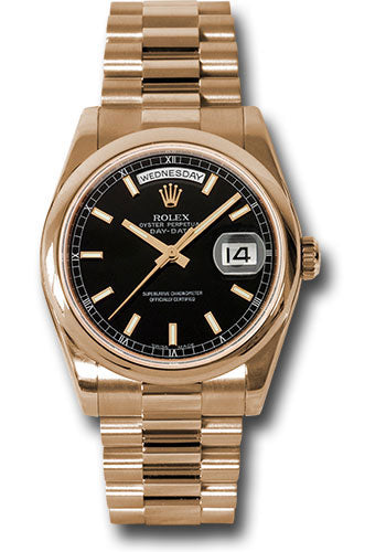 *Pre-Owned* Rolex Pink Gold Day-Date 36 Watch - Domed Bezel - Black Index Dial - President Bracelet