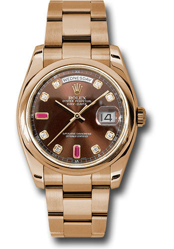 *Pre-Owned* Rolex Everose Gold Day-Date 36 Watch - Domed Bezel - Chocolate Diamond And Ruby Dial - Oyster Bracelet