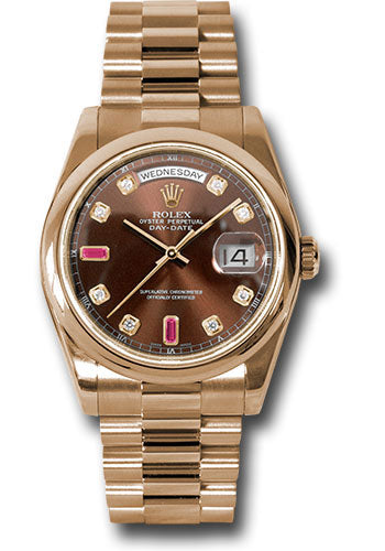 *Pre-Owned* Rolex Everose Gold Day-Date 36 Watch - Domed Bezel - Chocolate Diamond And Ruby Dial - President Bracelet