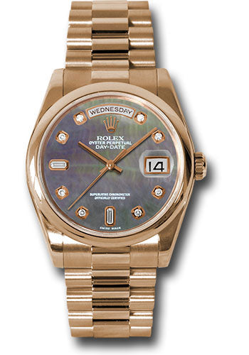 *Pre-Owned* Rolex Pink Gold Day-Date 36 Watch - Domed Bezel - Dark Mother-Of-Pearl Diamond Dial - President Bracelet