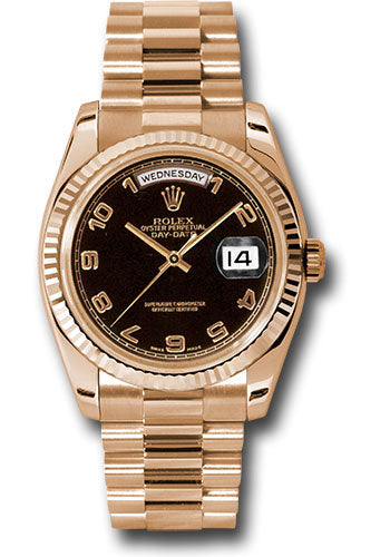*Pre-Owned* Rolex Pink Gold Day-Date 36 Watch - Fluted Bezel - Black Arabic Dial - President Bracelet