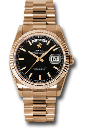 *Pre-Owned* Rolex Pink Gold Day-Date 36 Watch - Fluted Bezel - Black Index Dial - President Bracelet