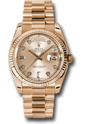 *Pre-Owned* Rolex Pink Gold Day-Date 36 Watch - Fluted Bezel - Pink Champagne Diamond Dial - President Bracelet