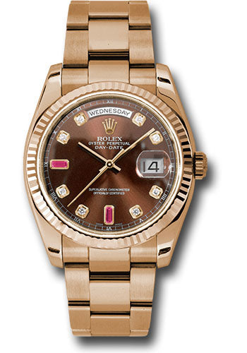 *Pre-Owned* Rolex Everose Gold Day-Date 36 Watch - Fluted Bezel - Chocolate Diamond And Ruby Dial - Oyster Bracelet