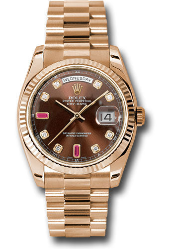 *Pre-Owned* Rolex Everose Gold Day-Date 36 Watch - Fluted Bezel - Chocolate Diamond And Ruby Dial - President Bracelet