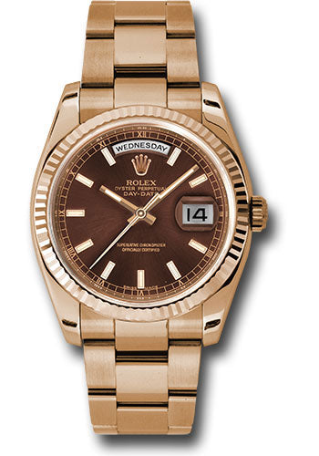 *Pre-Owned* Rolex Everose Gold Day-Date 36 Watch - Fluted Bezel - Chocolate Index Dial - Oyster Bracelet