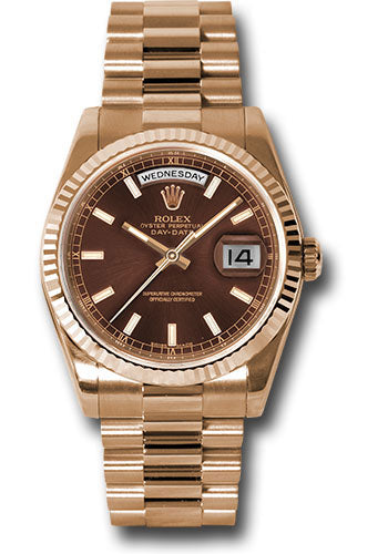 *Pre-Owned* Rolex Everose Gold Day-Date 36 Watch - Fluted Bezel - Chocolate Index Dial - President Bracelet