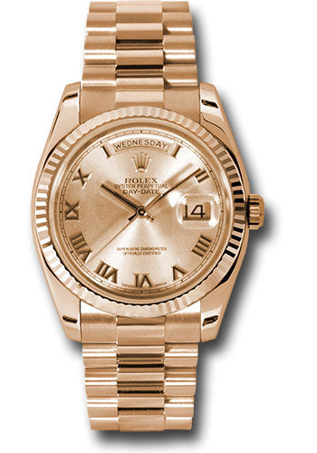 *Pre-Owned* Rolex Pink Gold Day-Date 36 Watch - Fluted Bezel - Champagne Roman Dial - President Bracelet