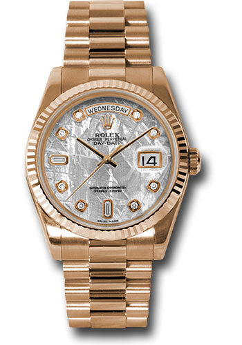 *Pre-Owned* Rolex Pink Gold Day-Date 36 Watch - Fluted Bezel - Meteorite Diamond Dial - President Bracelet