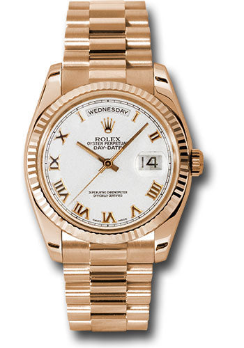 *Pre-Owned* Rolex Pink Gold Day-Date 36 Watch - Fluted Bezel - White Roman Dial - President Bracelet