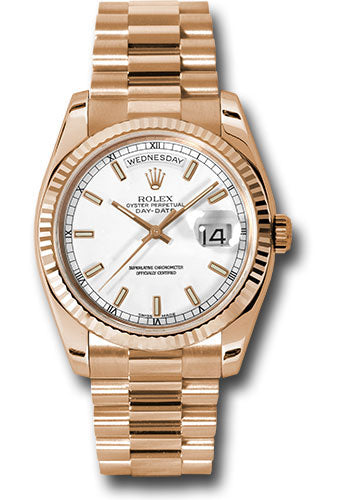 *Pre-Owned* Rolex Pink Gold Day-Date 36 Watch - Fluted Bezel - White Index Dial - President Bracelet