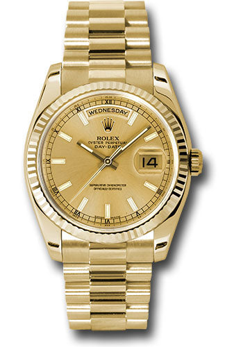 *Pre-Owned* Rolex Yellow Gold Day-Date 36 Watch - Fluted Bezel - Champagne Index Dial - President Bracelet
