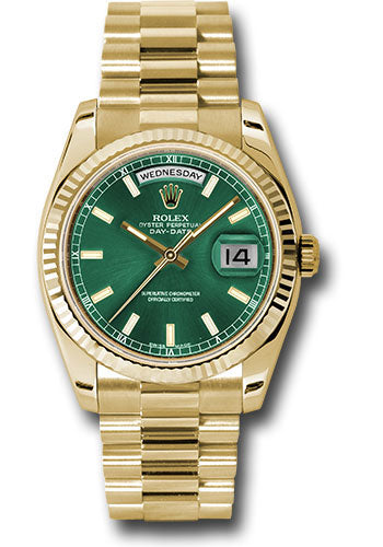 *Pre-Owned* Rolex Yellow Gold Day-Date 36 Watch - Fluted Bezel - Green Index Dial - President Bracelet