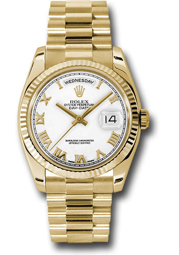 *Pre-Owned* Rolex 36mm 18K yellow gold case, fluted bezel, white dial, Roman numerals, and President bracelet.
