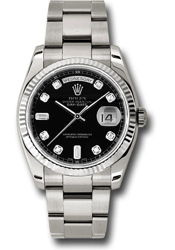 *Pre-Owned* Rolex White Gold Day-Date 36 Watch - Fluted Bezel - Black Diamond Dial - Oyster Bracelet