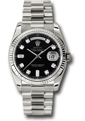 *Pre-Owned* Rolex White Gold Day-Date 36 Watch - Fluted Bezel - Black Diamond Dial - President Bracelet