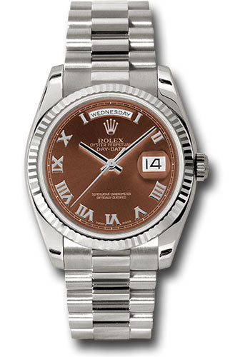 *Pre-Owned* Rolex White Gold Day-Date 36 Watch - Fluted Bezel - Havana Brown Index Dial - President Bracelet