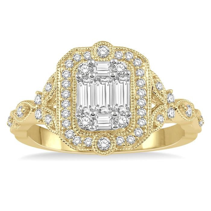 5/8 Ctw Intricate lattice Baguette and Round Cut Diamond Ring in 14K Yellow and White gold