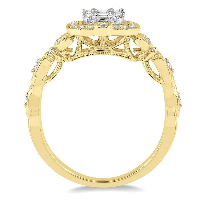 5/8 Ctw Intricate lattice Baguette and Round Cut Diamond Ring in 14K Yellow and White gold