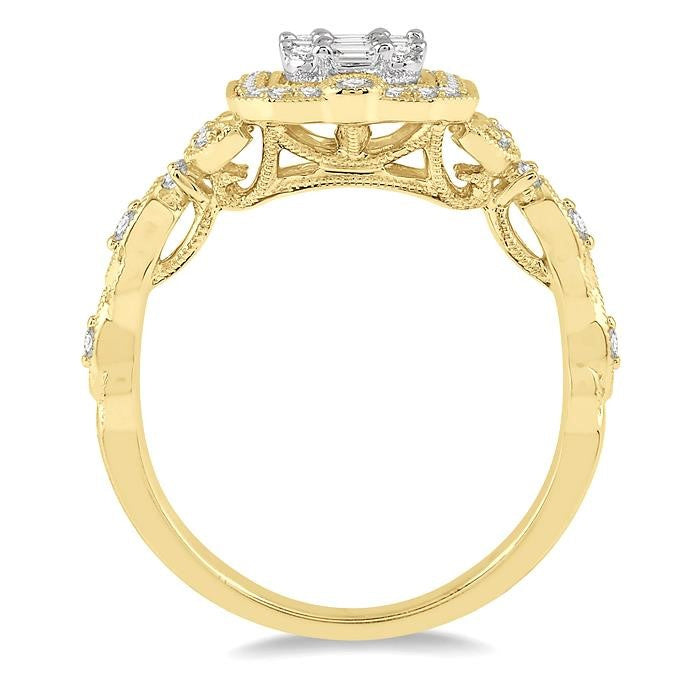 5/8 Ctw Intricate lattice Baguette and Round Cut Diamond Ring in 14K Yellow and white gold