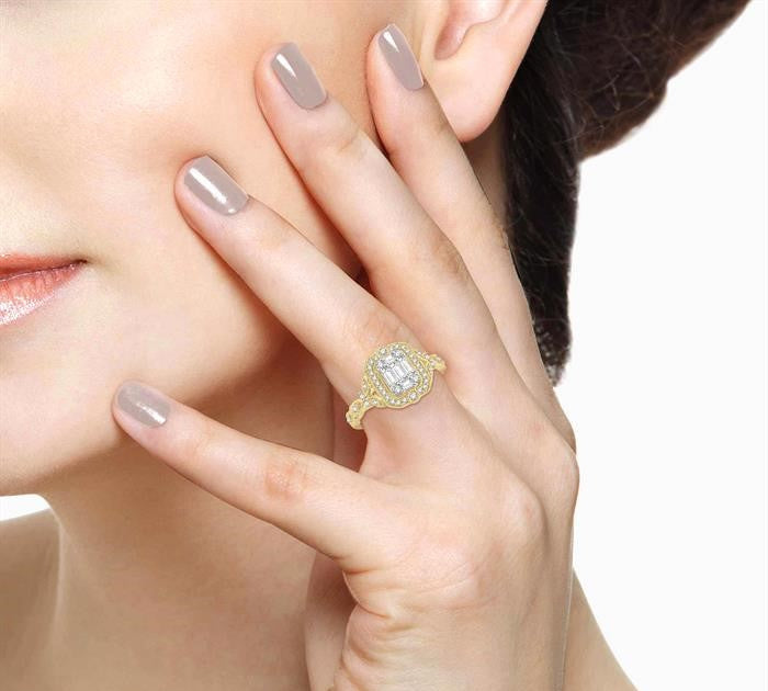 5/8 Ctw Intricate lattice Baguette and Round Cut Diamond Ring in 14K Yellow and white gold