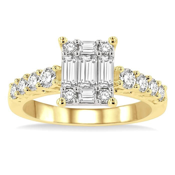 1 Ctw Fusion Baguette and Round Cut Diamond Engagement Ring in 14K Yellow and White gold