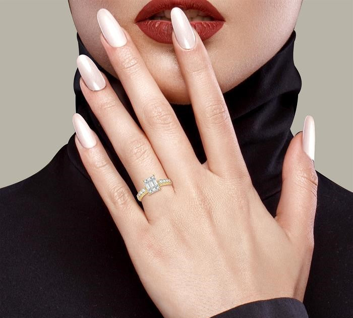 1 Ctw Fusion Baguette and Round Cut Diamond Engagement Ring in 14K Yellow and White gold