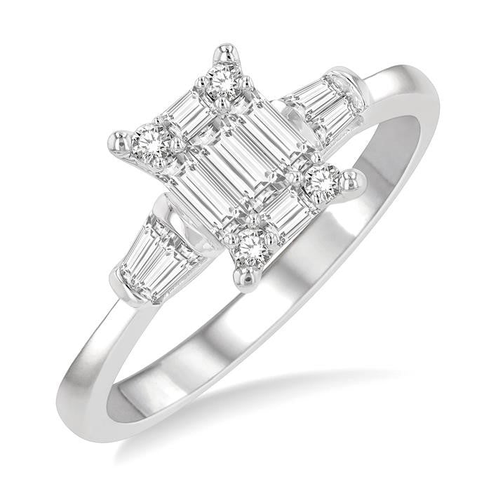 1/2 Ctw Baguette and Round Cut Fusion Diamond Engagement Ring in 14K White Gold