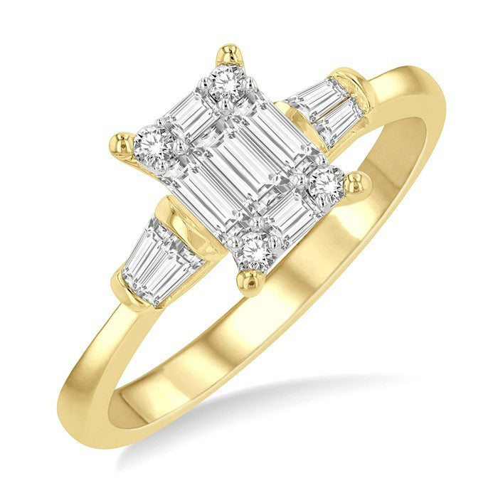 1/2 Ctw Modern Rectangular Head Baguette and Round Cut Diamond Ring in 14K Yellow and White Gold
