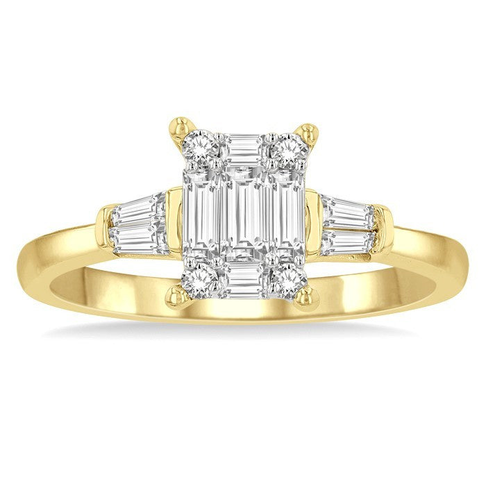 1/2 Ctw Modern Rectangular Head Baguette and Round Cut Diamond Ring in 14K Yellow and White Gold