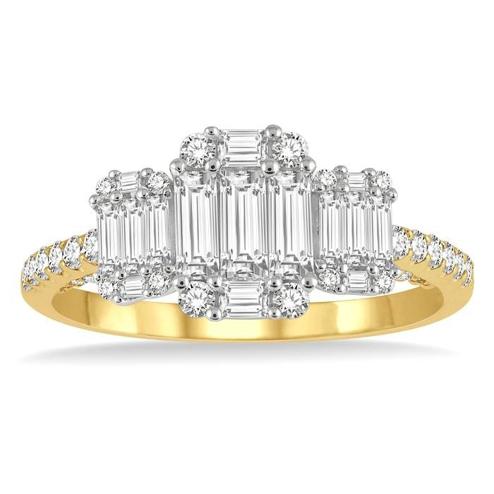 7/8 Ctw Tri-Mount Fusion Baguette and Round Cut Diamond Engagement Ring in 14K Yellow and White gold