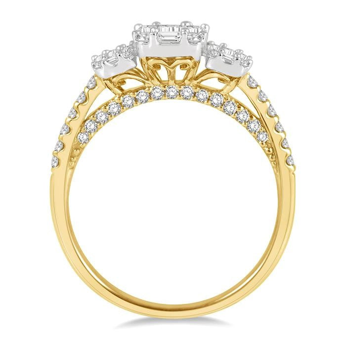 7/8 Ctw Tri-Mount Fusion Baguette and Round Cut Diamond Engagement Ring in 14K Yellow and White gold