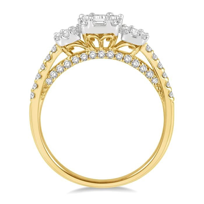 7/8 Ctw Tri-Mount Fusion Baguette and Round Cut Diamond Past Present and Future Engagement Ring in 14K Yellow and White Gold