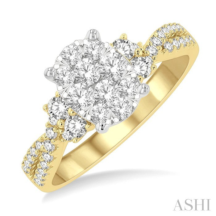 3/4 Ctw Oval Shape Center Criss Cross Shank Shine Bright Round Cut Diamond Engagement Ring in 14K Yellow and White gold