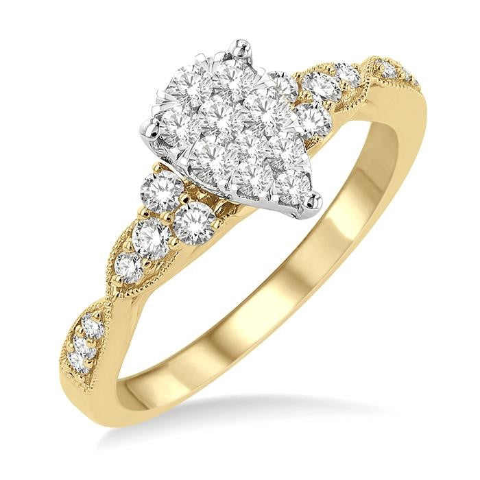 1/2 Ctw Pear Shape Center Criss Cross Carved Shank Shine Bright Round Cut Diamond Engagement Ring in 14K Yellow and White gold