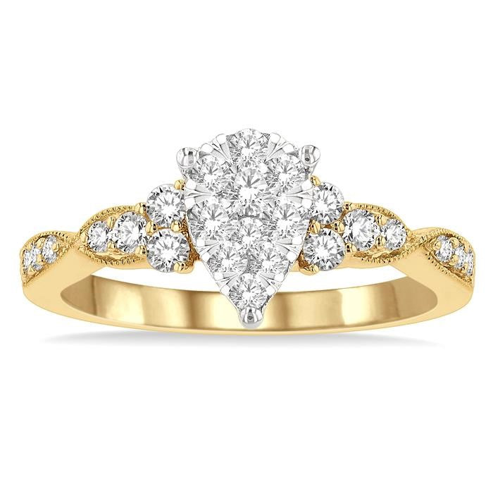 1/2 Ctw Pear Shape Center Criss Cross Carved Shank Shine Bright Round Cut Diamond Engagement Ring in 14K Yellow and White gold