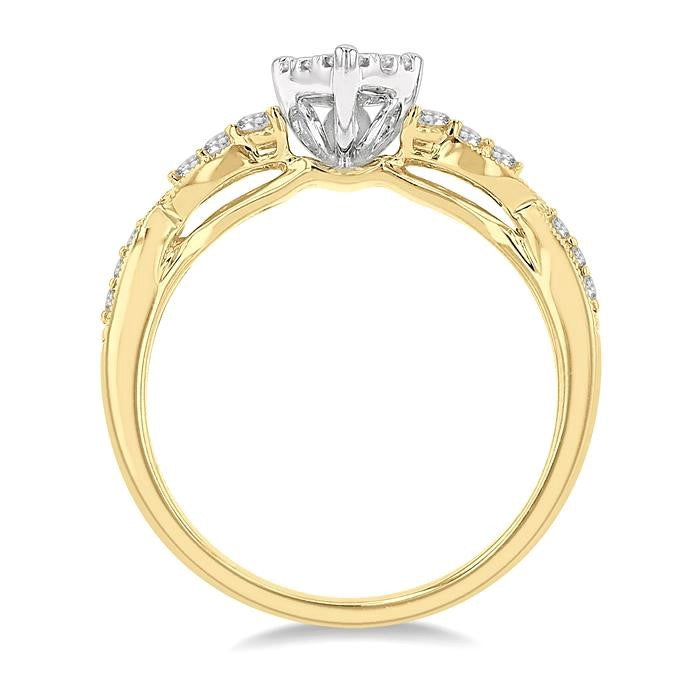 1/2 Ctw Pear Shape Center Criss Cross Carved Shank Shine Bright Round Cut Diamond Engagement Ring in 14K Yellow and White gold