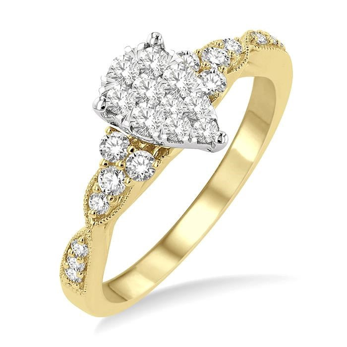 1/2 Ctw Pear Shape Center Criss Cross Carved Shank Shine Bright Round Cut Diamond Engagement Ring in 14K Yellow and White Gold