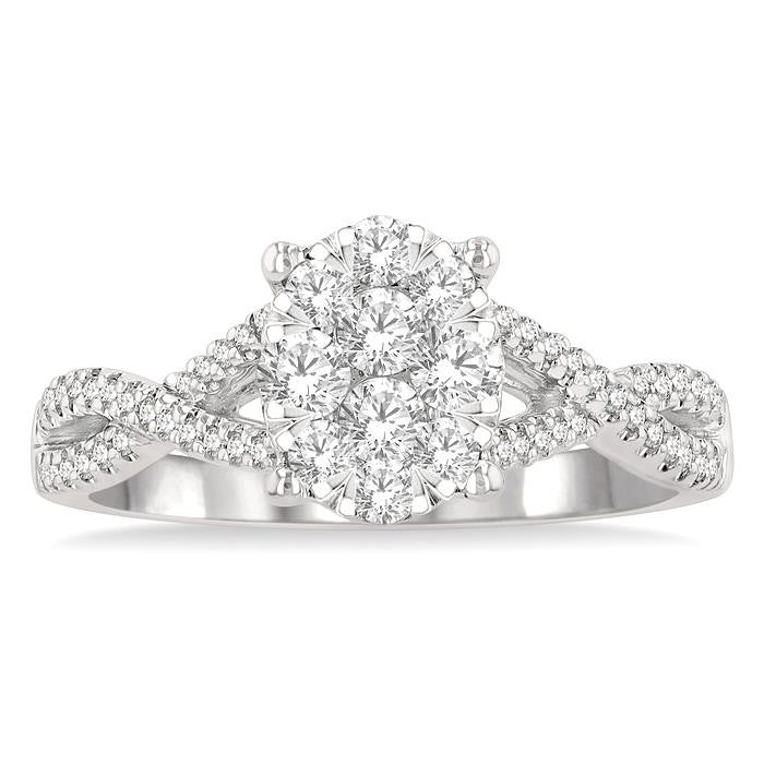 5/8 Ctw Oval Shape Center Split Criss Cross Shank Shine Bright Round Cut Diamond Engagement Ring in 14K White Gold