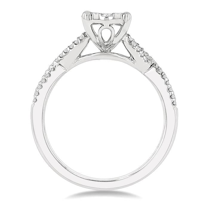 5/8 Ctw Oval Shape Center Split Criss Cross Shank Shine Bright Round Cut Diamond Engagement Ring in 14K White Gold