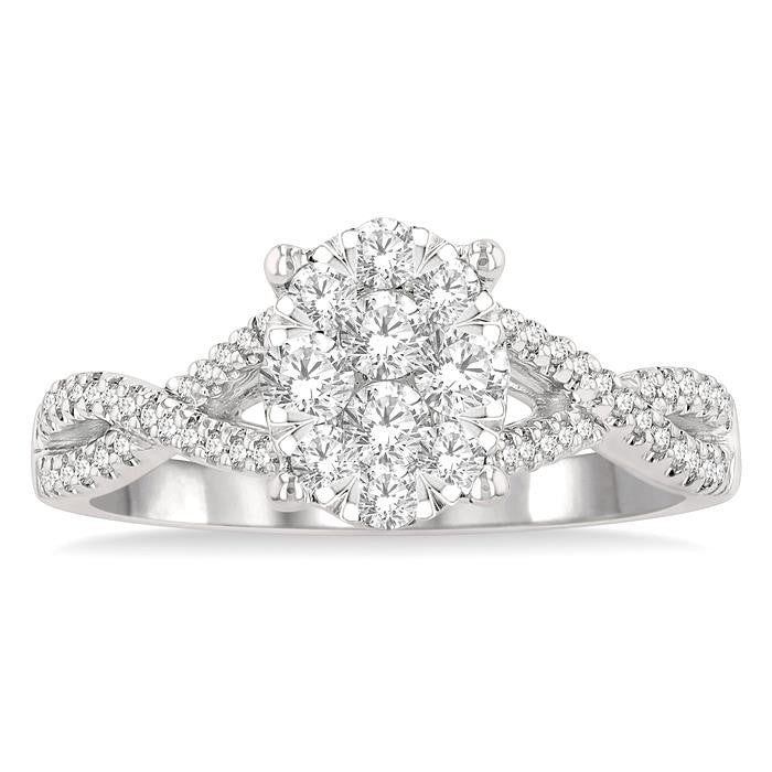 5/8 Ctw Oval Shape Center Split Criss Cross Shank Shine Bright Round Cut Diamond Engagement Ring in 14K White Gold