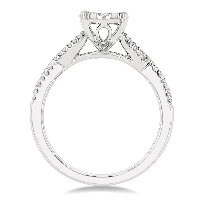 5/8 Ctw Oval Shape Center Split Criss Cross Shank Shine Bright Round Cut Diamond Engagement Ring in 14K White Gold