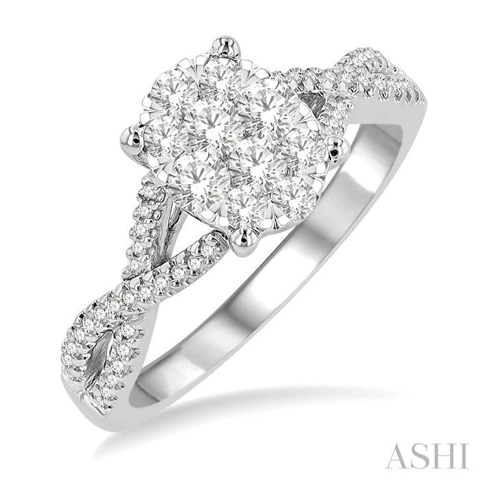 5/8 Ctw Oval Shape Center Split Criss Cross Shank Shine Bright Round Cut Diamond Engagement Ring in 14K White Gold