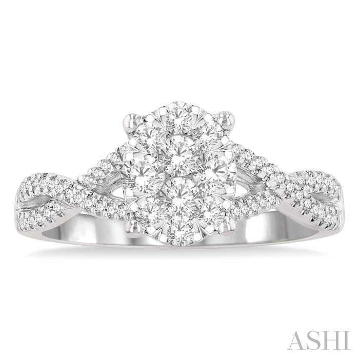 5/8 Ctw Oval Shape Center Split Criss Cross Shank Shine Bright Round Cut Diamond Engagement Ring in 14K White Gold